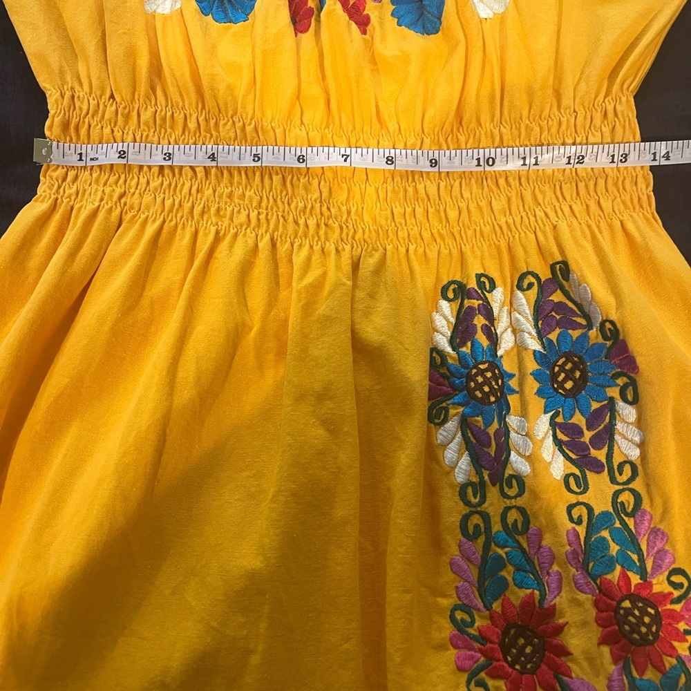 Yellow Mexican theme embroidered flowers Off-Shoulder Puff Sleeve Sundress sz xl - Picture 8 of 11